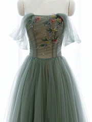 Bridesmaid, Green A-line Tulle with Lace Applique Long Formal Dress, Green Prom Dress