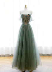 Bridesmaid Dresses Photos Gallery, Green A-line Tulle with Lace Applique Long Formal Dress, Green Prom Dress