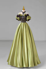 Prom Dresses Blue Lace, Green Satin Floor Length Prom Dress with Lace, Green Evening Party Dress