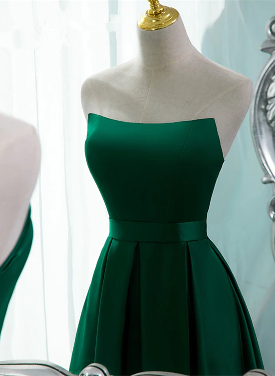 Party Dress Vintage, Green Satin Simple Long Party Dress with Leg Slit, Green A-ine Junior Prom Dress