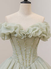 Evening Dresses Lace, Green Tulle Beading Long Prom Dresses, Green Formal Graduation Dresses