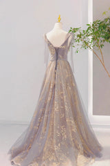 Prom Dresses Sleeve, Grey V-Neck Sequins Long Formal Dress, Grey Tulle Prom Dress