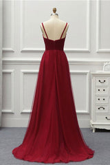 Black Long Dress, A Line High Low Tulle Prom Dress with Train, Burgundy V Neck Backless Formal Dress