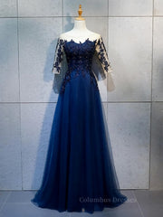 Evening Dresses Long Sleeve, Half Sleeves Navy Blue Long Lace Prom Dresses, Dark Navy Blue Long Lace Formal Bridesmaid Dresses