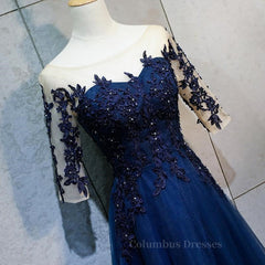 Evening Dresses Gold, Half Sleeves Navy Blue Long Lace Prom Dresses, Dark Navy Blue Long Lace Formal Bridesmaid Dresses