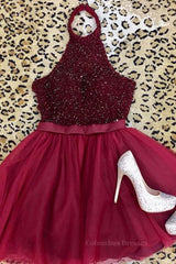 Party Dresses Shops, Halter Neck Open Back Beaded Burgundy Prom Dress, Backless Burgundy Homecoming Dress, Short Burgundy Formal Evening Dress