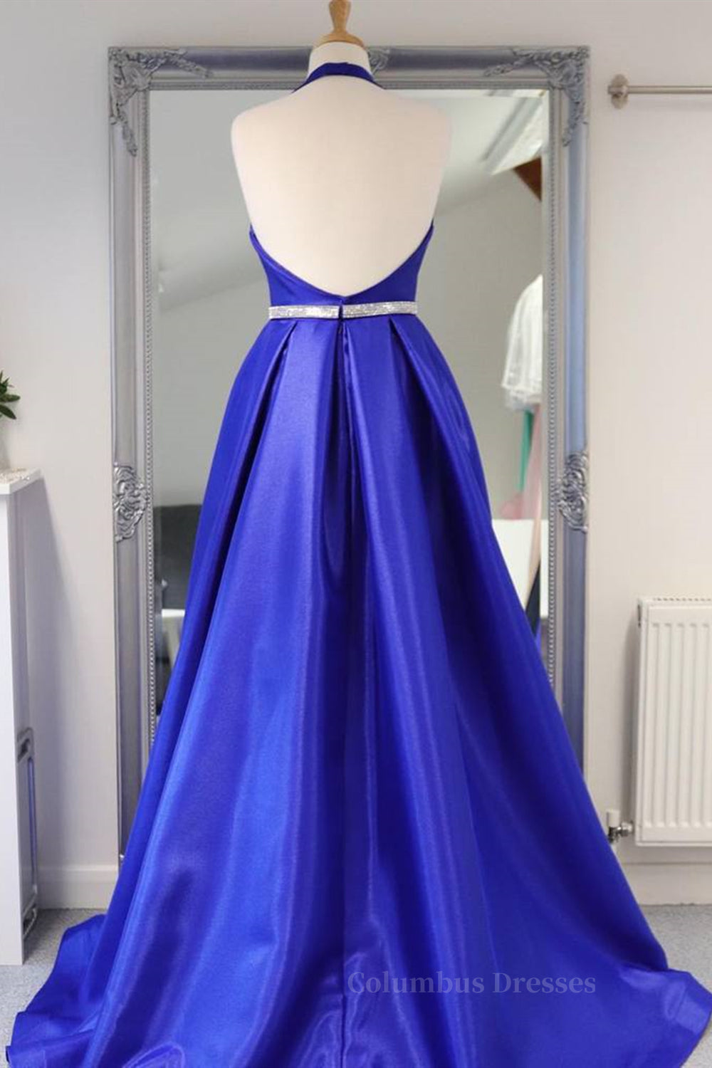 Party Dresses For Short Ladies, Halter V Neck Backless Blue Long Prom Dresses with Belt, Backless Blue Formal Evening Dresses