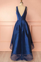 Party Dresses For Girl, High Low V Neck Blue Satin Prom Dresses, Open Back Blue Formal Dresses, Blue Evening Dresses