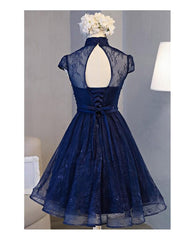 Formal Dress Inspo, High Neck Homecoming Dress, Lace Dark Navy Lace-up Short Prom Dress