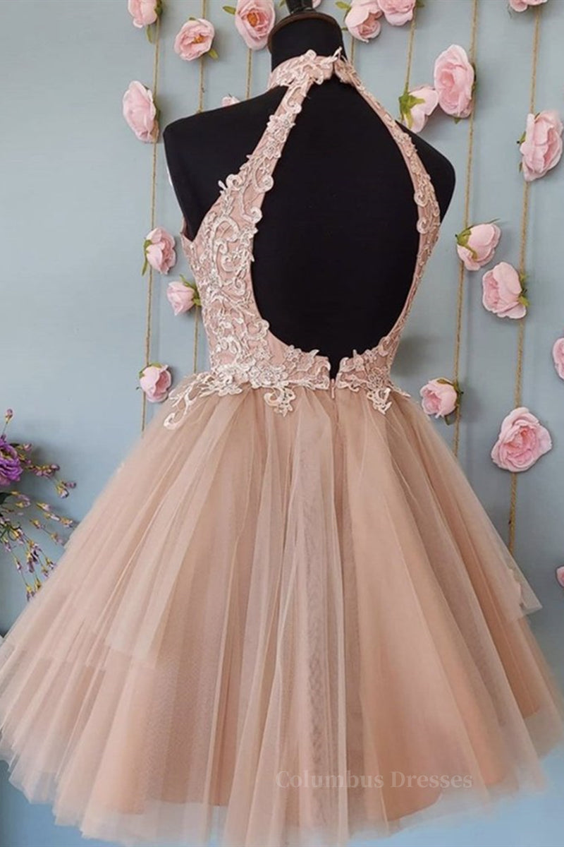 Dress, High Neck Open Back Short Champagne Lace Prom Dress, Backless Champagne Lace Formal Graduation Dress, Champagne Lace Homecoming Dress