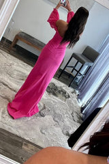 Hot Pink Off The Shoulder Detachale Sleeves Cut Out Prom Dress