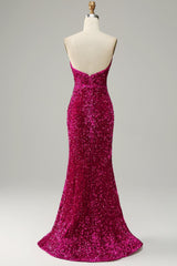 Hot Pink Strapless Sequin Prom Dress with Slit