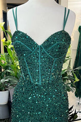 Evenning Dress For Wedding Guest, Hunter Green Sweetheart Straps Sequins Long Prom Dress