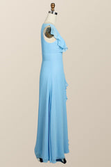 Prom Dresses For Chubby Girls, Blue Chiffon Ruffles Long Bridesmaid Dress