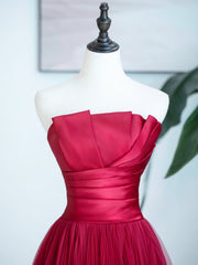 Party Dress Reception Wedding, Burgundy Strapless Tulle Prom Dress, Burgundy Long Formal Dress