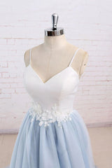 Wedding Dresses And Shoes, Light Blue Tulle and White Top Long Wedding Party Gowns, Straps Junior Prom Dress