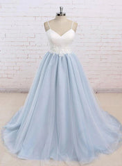 Wedding Dresses Fashion, Light Blue Tulle and White Top Long Wedding Party Gowns, Straps Junior Prom Dress