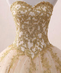 Long Gown, Light Champagne Ball Gown Party Dress, Sweet 16 dress with Gold Applique