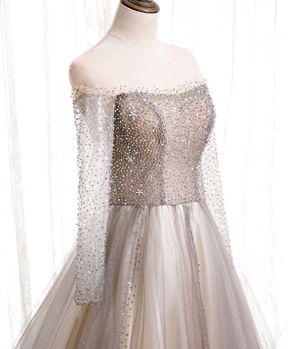 Formal Dress Shop Near Me, Light Champagne Long Prom Dress, A line Sequin Formal Evening Party Dress