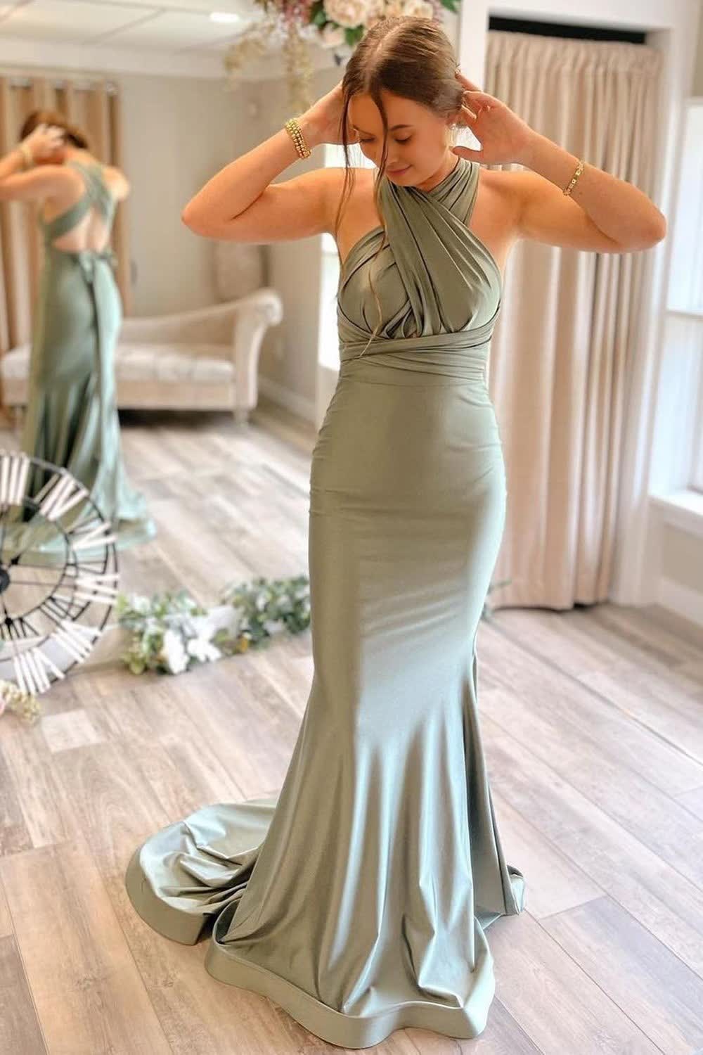 Light Green Convertible Satin Mermaid Prom Bridesmaid Dress