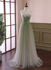 Party Dress Pattern, Light Green Gradient Tulle Long Formal Dress, Green Beaded Sweetheart Prom Dresses