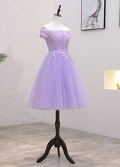 Wedding Photography, Light Purple Lace And Tulle Off The Shoulder Homecoming Dress, Short Party Dress