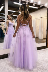 Lilac A-Line Spaghetti Straps Lace Long Prom Dress with Slit