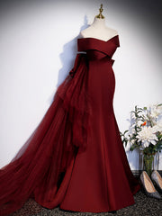 Party Dress Vintage, Burgundy V-Neck Satin Long Prom Dress, Mermaid Off Shoulder Evening Dress with Bow