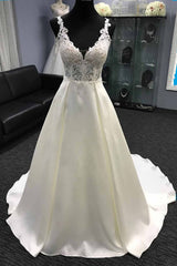 Wedding Dress Fitted, Long A-Line V Neck Halter Satin Wedding Dress