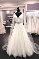 Wedding Dresses Sleeved, Long A-line V Neck Satin Tulle Wedding Dress