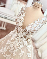 Wedding Dress Costs, Long A-Line V-neck Wide Straps Backless Appliques Lace Tulle Wedding Dress