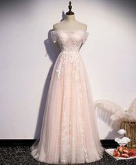 Spring Wedding Color, Long Pink Off Shoulder A-line Prom Dress with Lace, Sweetheart Evening Dress