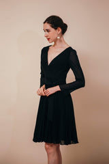 Party Dress Classy Elegant, Long Sleeves Ruffles with Belt Knee Length Chiffon Prom Dresses