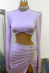 Long Sleeves Small Round Collar Prom Dress Purple Beaded Long Chiffon