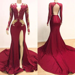 Party Dress, Long Sleeves V-neck Mermaid Prom Dress,Leg Split Formal Evening Dresses