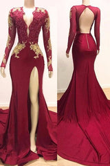 Wedding Shoes, Long Sleeves V-neck Mermaid Prom Dress,Leg Split Formal Evening Dresses