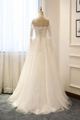 Wedding Dress Brides, Long Sleeves White Tulle Prom Wedding Dresses, Long Sleeves White Tulle Formal Evening Dresses