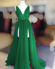 Prom Dresses Casual, Long Tulle V-neck Prom Dresses Sequin Beaded Evening Gowns