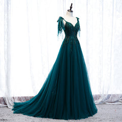 Prom Dresses V Neck, Lovely A-line Straps Tulle Teal Blue Long Evening Dress Prom Dress, A-line Formal Dresses