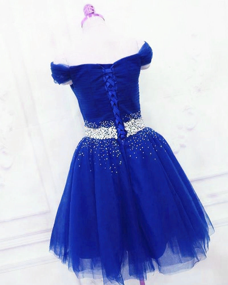 Wedding Guest, Lovely Blue Tulle Off Shoulder Short Prom Dress, Homecoming Dress