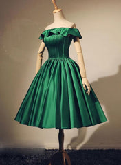 Formal Dresses Short, Lovely Green Satin Off Shoulder Knee Length Homecoming Dress, Short Prom Dress