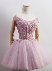 Homecomeing Dresses Long, Lovely Tulle Light Pink-Purple Mini Party Dress, Lovely Off Shoulder Lace-up Homecoming Dress