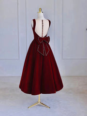 Party Dress After Wedding, Burgundy Tea Length Velvet Prom Dress with Bowknot,  Burgundy Evening Party Dress