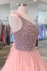 Prom Dress Sales, Pink Organza Beaded Long Formal Dress, A-Line One Shoulder Evening Dress