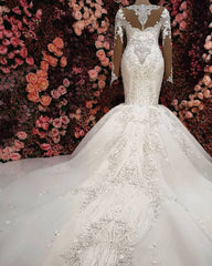 Wedding Dress Different, Luxurious Crystals Mermaid Bridal Gowns Long Sleevess Chapel Train Wedding Dresses