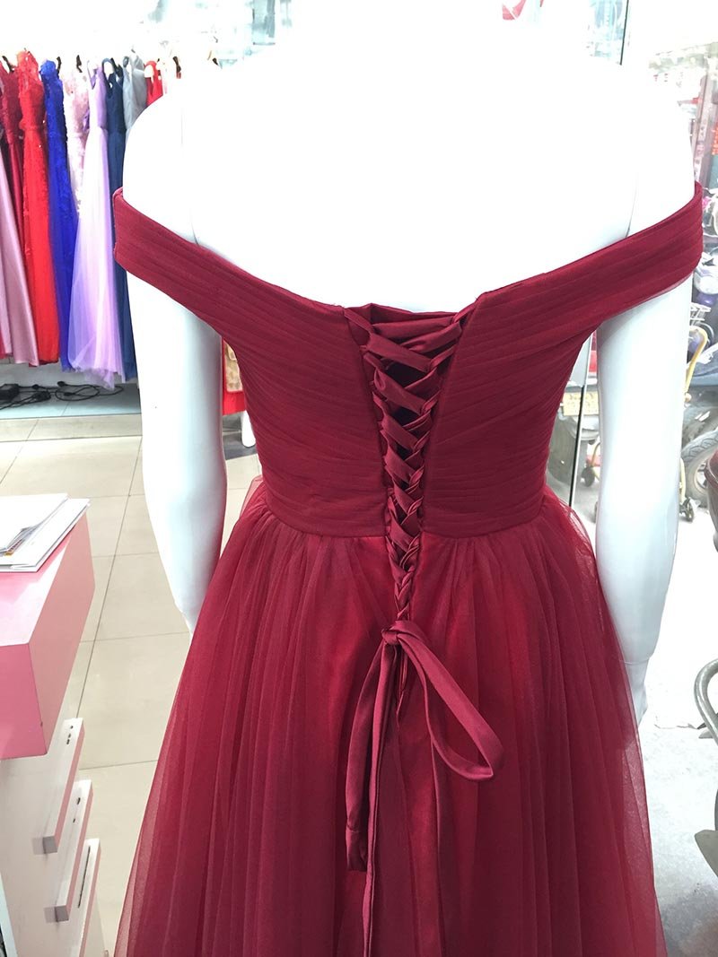 Evening Dresses 2025, Maroon Off Shoulder Bridesmaid Dress  Long, Simple Tulle Dress