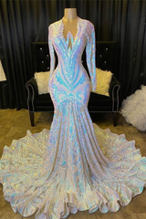 Mermaid Asymmetrical Sequined Floor-length Long Sleeve Appliques Lace Prom Dress