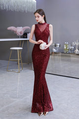 Bridesmaid Dresses Sleeveless, Mermaid Halter Sleeveless See-Through Sequins Floor Length Prom Dresses