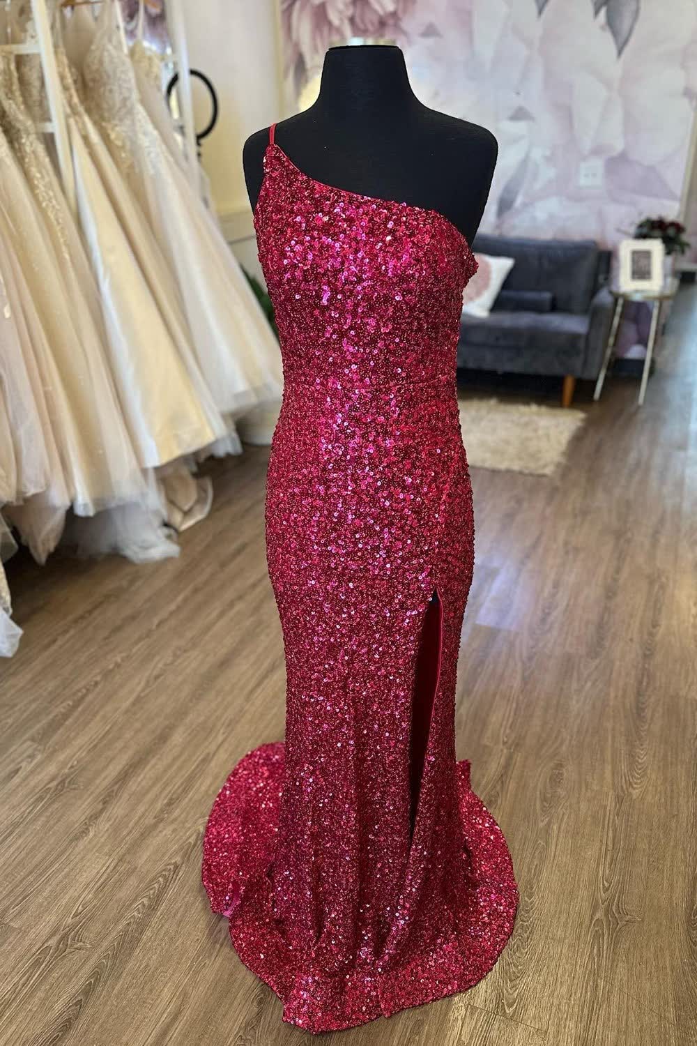 Mermaid One Shoulder Burgundy Sequins Long Prom Dress with Split Front