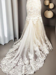 Wedding Dresses Boutiques, Mermaid Scoop Applique Sweep Train Tulle Wedding Dress